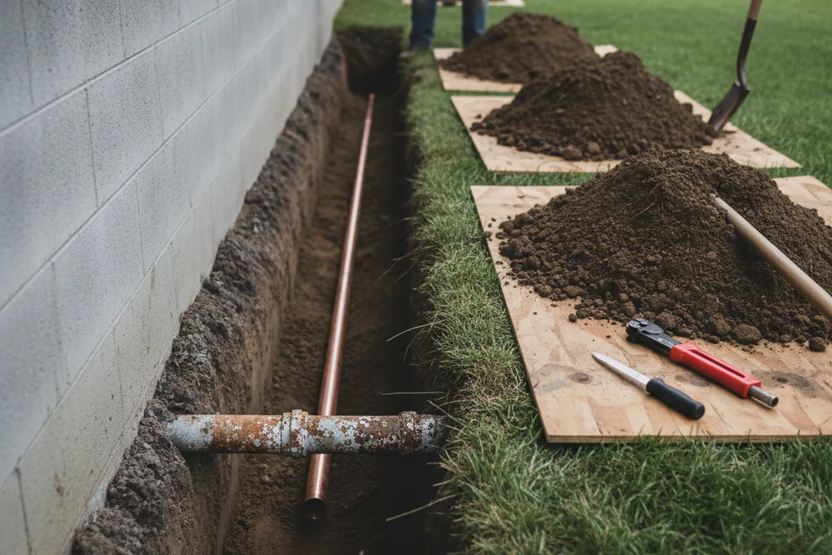 Excavated water line trench during Water Softener Installation in Oldfield